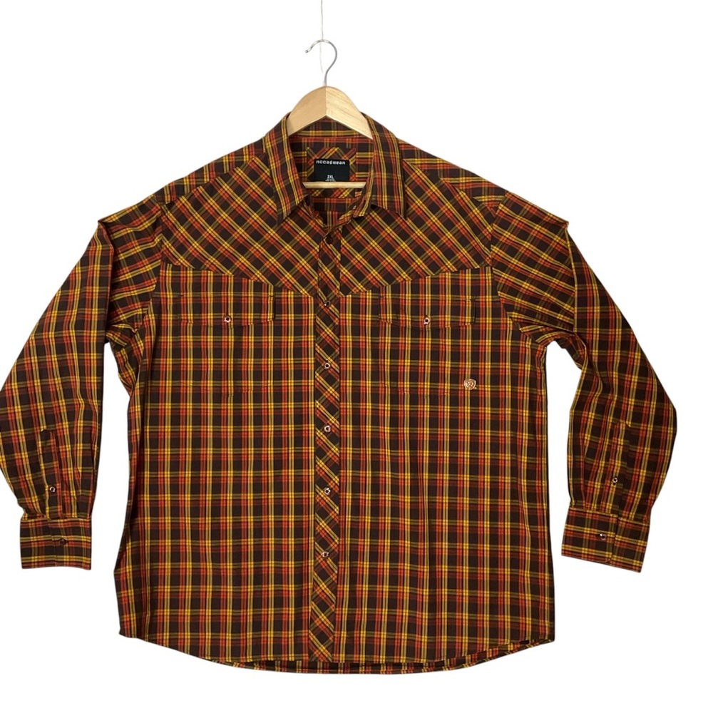 ROCAWEAR sz 2X Large Plaid Button-Down Shirt Chest Pockets Brown Orange